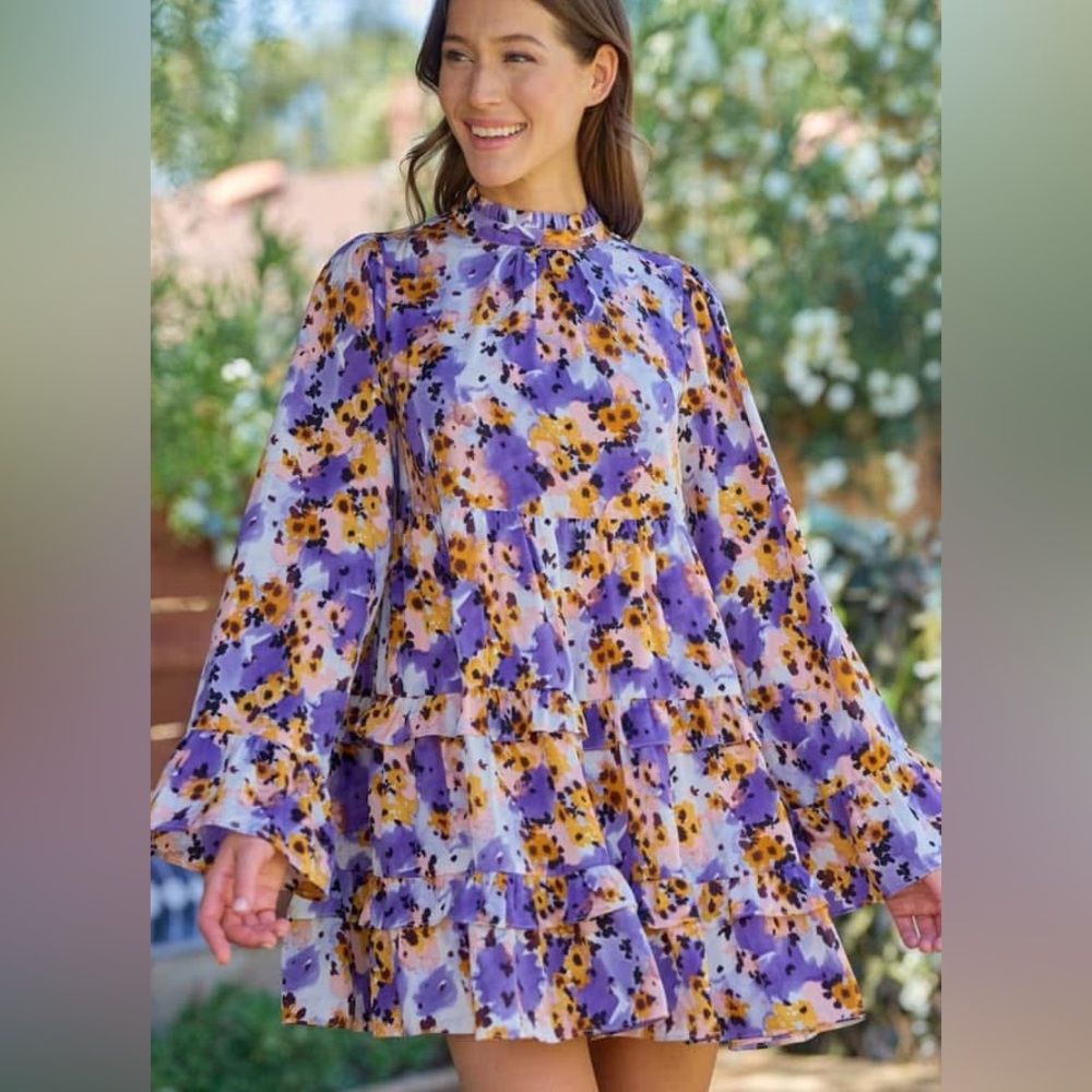 Long sleeve purple and gold tiered mini dress